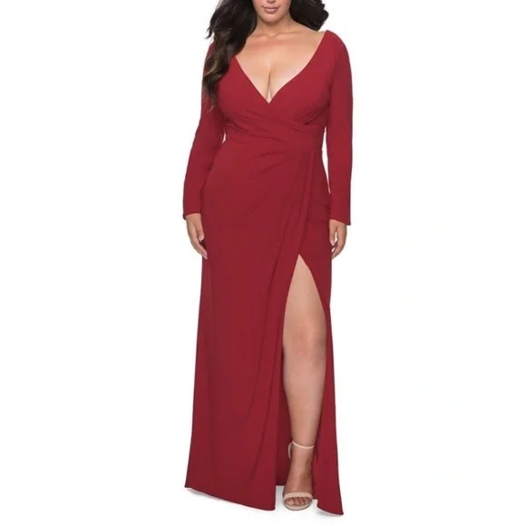 NWT La Femme 29044 Red Long Dress Faux Wrap Gown Sz. 18 - Picture 2 of 3